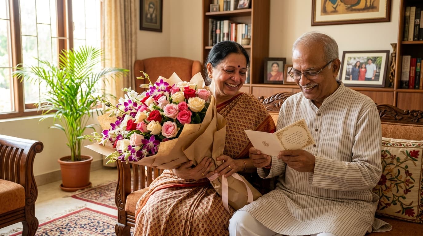 Indian parents receiving surprise flower delivery from children abroad