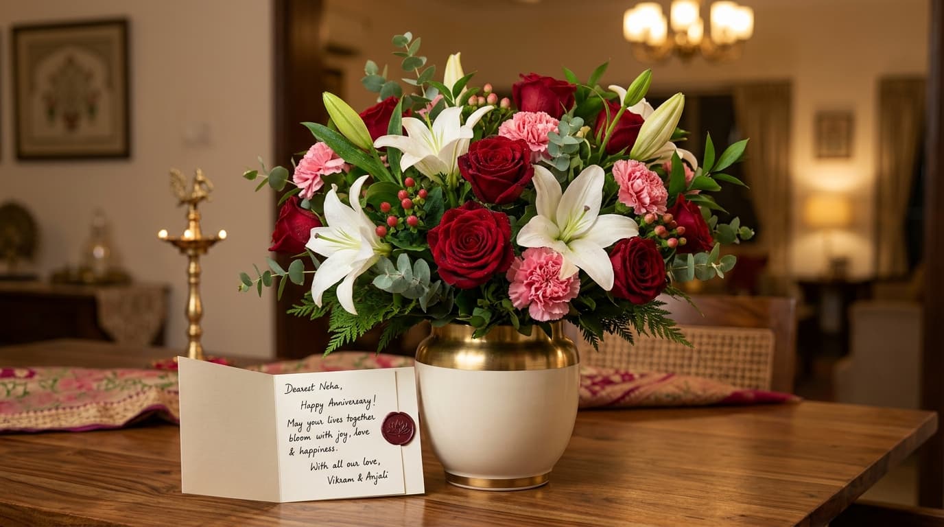 Luxury floral bouquet in ceramic vase with handwritten anniversary greeting card